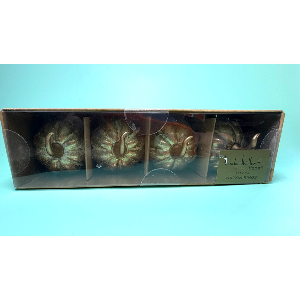 4 Nicole Miller Home Distressed Gold Tone Figural Pumpkin Napkin Rings NEW NIB